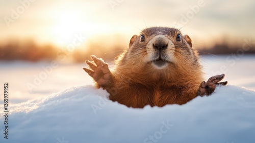 A cute squirrel is emerging from a snowy burrow at sunrise, showcasing its adorable features and the beauty of winter's landscape in this heartwarming scene.