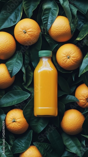 Vibrant orange juice bottle surrounded by fresh oranges and green leaves in a...