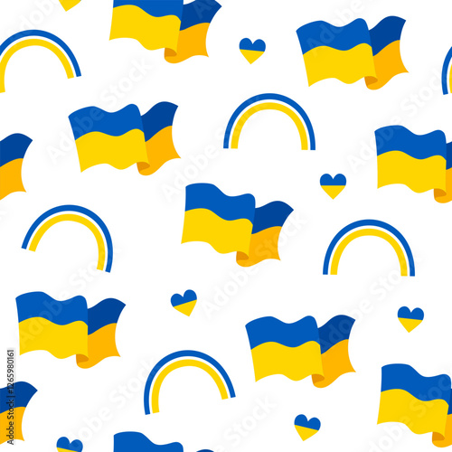 Ukrainian seamless pattern with waving Ukrainian flags, rainbows and hearts in Ukrainian flag colors isolated on white background.