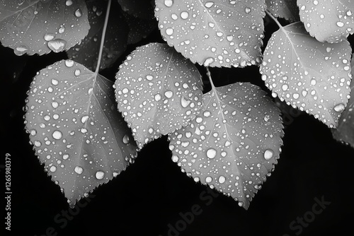 Freshly water droplets on leaves captured in black and white showcasing natur...