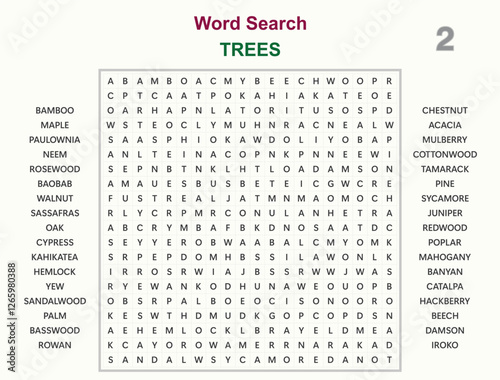 Word search puzzle vector (Word find game) illustration. Trees 