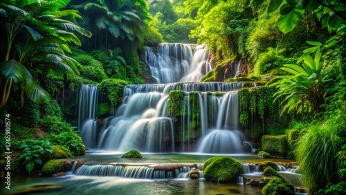 Minimalist Tropical Waterfall Paradise: Lush Greenery & Cascading Water