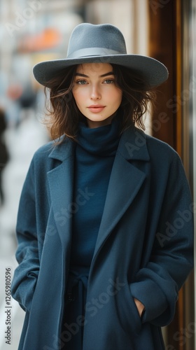 Woman in stylish blue coat and hat walking in urban setting during a cool day
