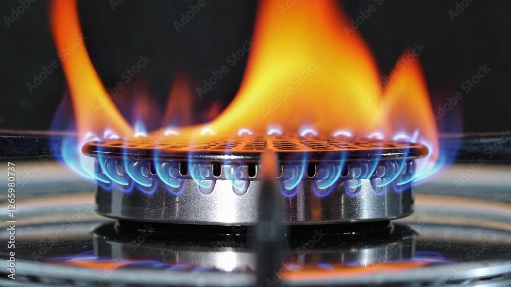 Close-up of a gas stove burner igniting with vibrant blue and orange flames showcasing energy, heat, and cooking potential