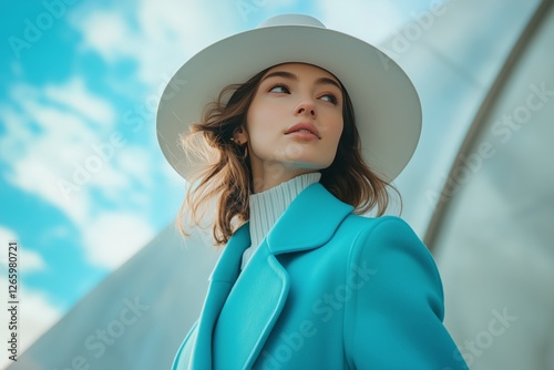 Stylish woman wearing blue coat and white hat poses against a clear sky and m...