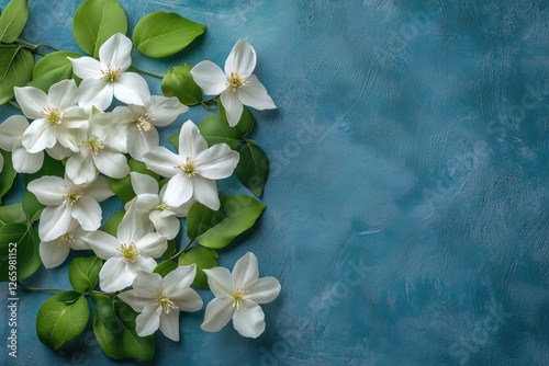 White flowers and green leaves arranged on a blue textured background creatin...