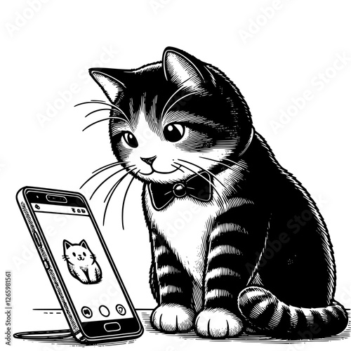 Vector image of an elegant cat in a bow tie looking at smartphone