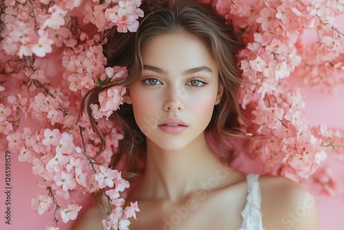 Young woman surrounded by pink cherry blossoms in a serene floral setting