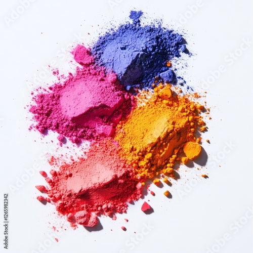 Close-up of vibrant Holi powder in pink, blue, orange, and yellow on a white background photo