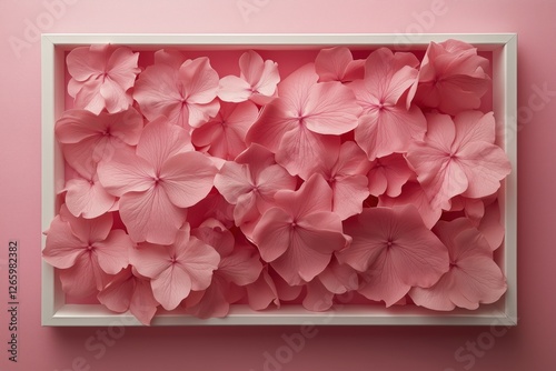 Delicate pink flowers arranged in a light frame on a pink background