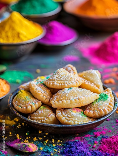 Traditional Indian gujiya sweets dusted with powdered sugar, served on a rustic plate surrounded by vibrant Holi colors.