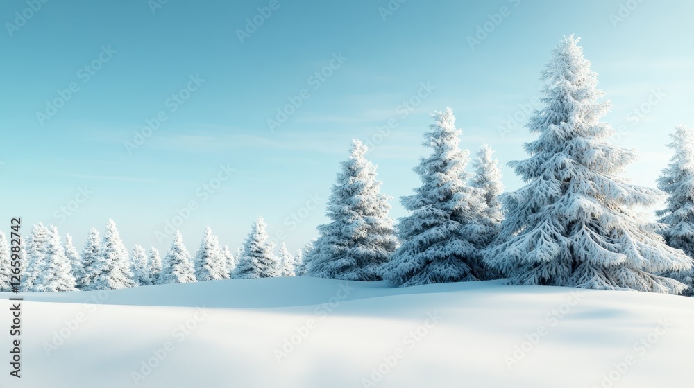 Naklejka premium A serene winter scene showcasing a dense forest of snow-covered pine trees beneath a clear blue sky, creating a calming and picturesque view of nature's beauty.