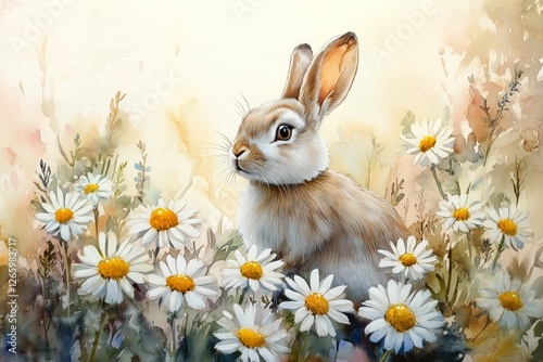 Rabbit among daisies in a serene spring meadow with soft golden sunlight