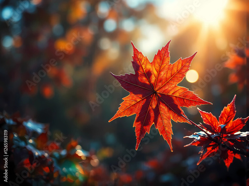 Leuchtend rotes Ahornblatt im goldenen Licht des Herbstes photo