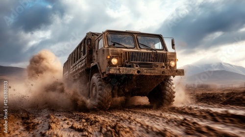 A rugged off-road truck maneuvers through a muddy terrain, showcasing its capabilities in extreme conditions, surrounded by dramatic clouds and distant mountains.