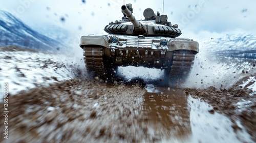 A formidable tank advances through a muddy, snow-laden terrain, its tracks kicking up dirt and slush, showcasing military might against a dramatic mountain backdrop. photo