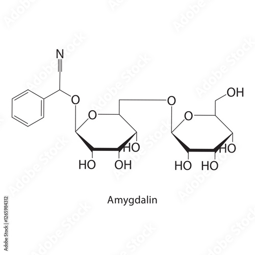Amygdalin skeletal structure.Cyanogenic glycoside compound schematic illustration. Simple diagram, chemical formula.