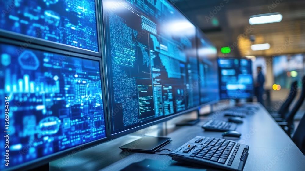A wall of monitors displays complex data streams and code in shades of blue, illuminating a modern control room. A wall of monitors displays complex data streams and code in shades of blue, illuminating a modern control room.