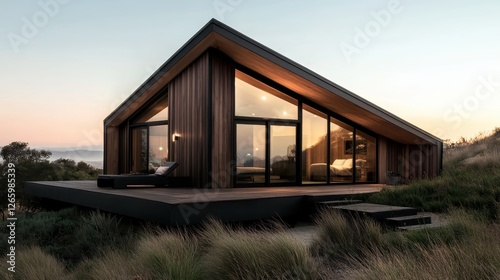 A contemporary wooden cabin elegantly designed with large glass windows and warm glowing lights, creating an inviting atmosphere amidst nature.