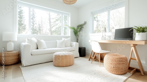 Wallpaper Mural A sleek, modern home office with ample natural light features a stylish sofa, workstation, and indoor plants, embodying simplicity and tranquility for productive work. Torontodigital.ca