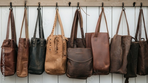 Leather Tote Bags Displayed on White Wall photo