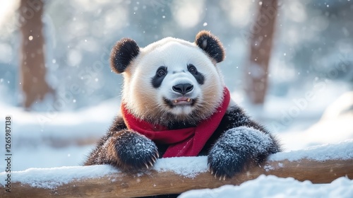 A playful panda wearing a bright red scarf smiles amidst falling snow, embodying the joy and warmth of winter in a tranquil forest setting of pure magic and wonder.