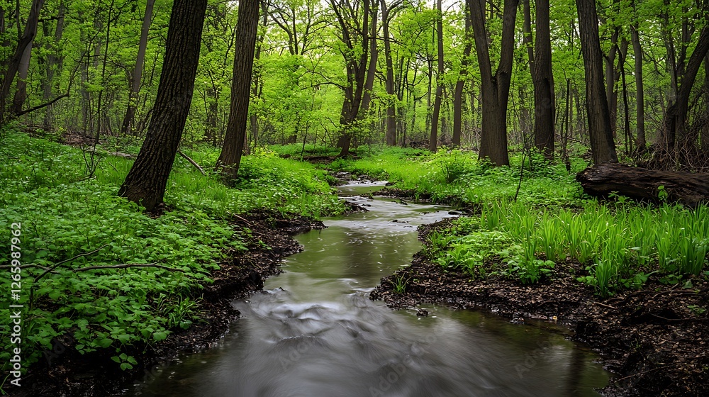Serene Stream Flows Through Lush Green Forest Serene Stream Flows Through Lush Green Forest