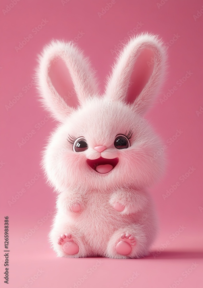 Fototapeta premium 3d Bunny Animation Cartoon Cute Smiling Fluffy Ears Pink Background Copy Space Happy Easter Greeting Card
