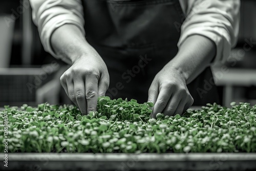 A person's hands gently tending to a lush bed of vibrant green microgreens, showcasing careful cultivation. photo