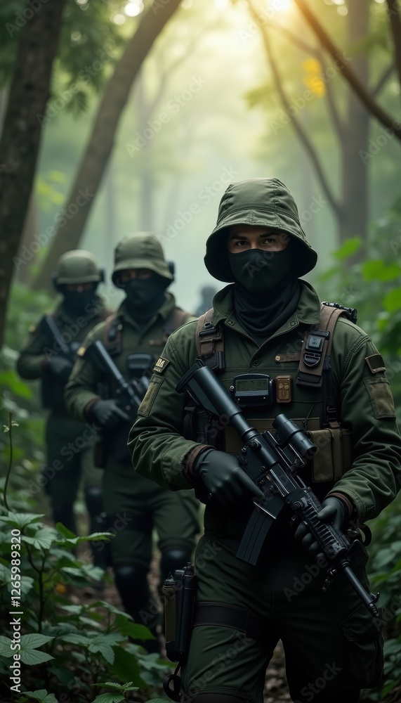 A squad of soldiers in tactical gear moving stealthily through a dense forest. Ideal for military, security, or training-related projects. A squad of soldiers in tactical gear moving stealthily through a dense forest. Ideal for military, security, or training-related projects.