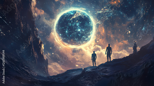 On a mission to chart the edge of the universe explorers encounter a mirror dimension where they come face-to-face with their cosmic doppelgangers. Mirror Realm Explorers. Illustration photo