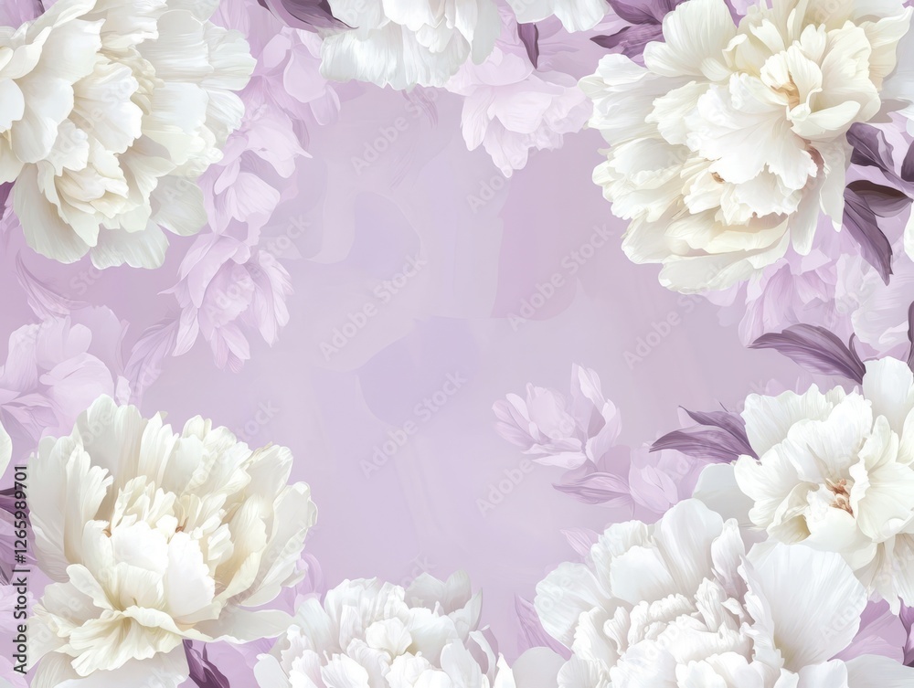 White peonies on lavender background delicate border design White peonies on lavender background delicate border design
