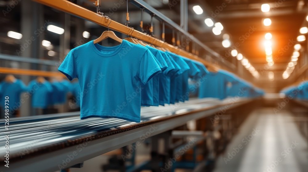 The image displays a conveyor belt system in a factory with blue t-shirts hanging on hangers, showcasing modern textile manufacturing and production processes.
