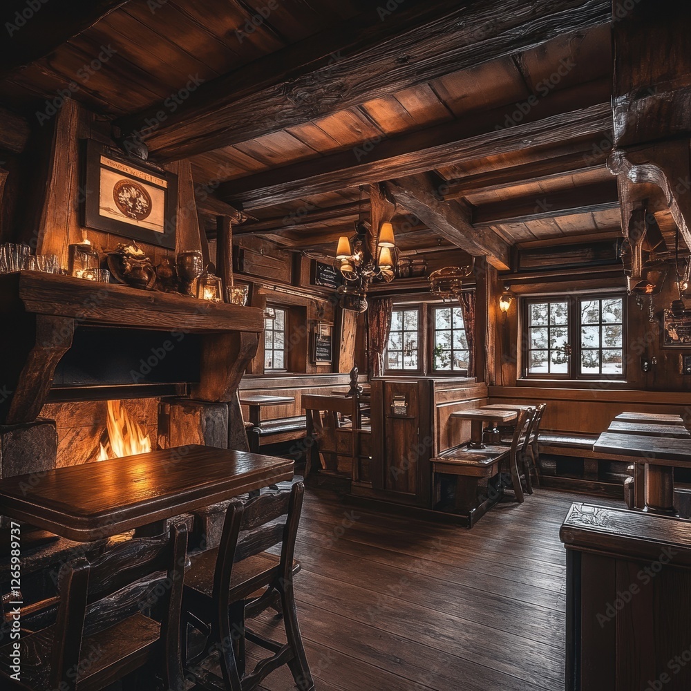 Naklejka premium Rustic interior shows a cozy restaurant with a warm fireplace
