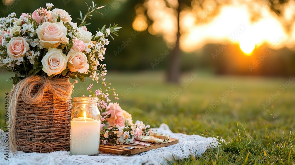 Fototapeta premium Romantic picnic flowers sunset outdoors
