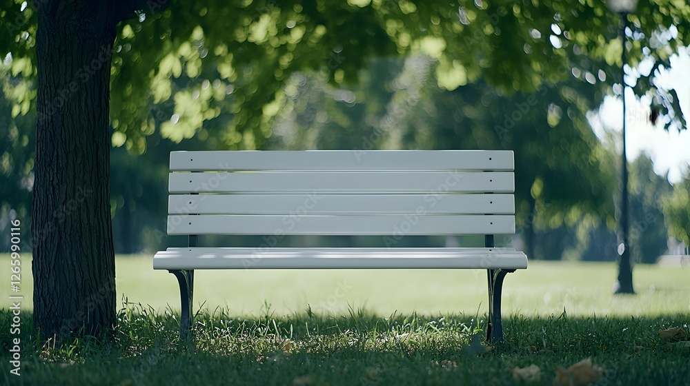 White Wooden Bench Under a Tree in a Sunny Park White Wooden Bench Under a Tree in a Sunny Park