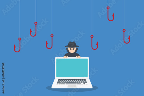 Hacker attack. Hackers and cybercriminals phishing, identity theft, user login, password, documents, email and credit card. Hacking and web security. Internet phishing concept. Vector illustration