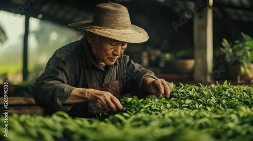 Elderly farmer carefully harvests vibrant green tea leaves under a rustic shelter. photo