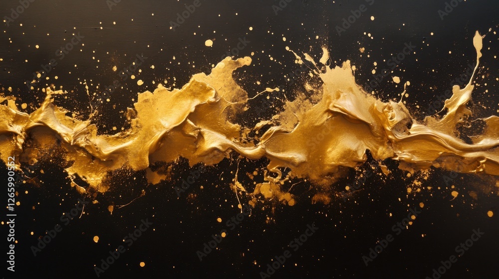 Obraz premium A dynamic composition of gold paint splatters and drips traversing a dark background, resembling an abstract explosion or a celestial event