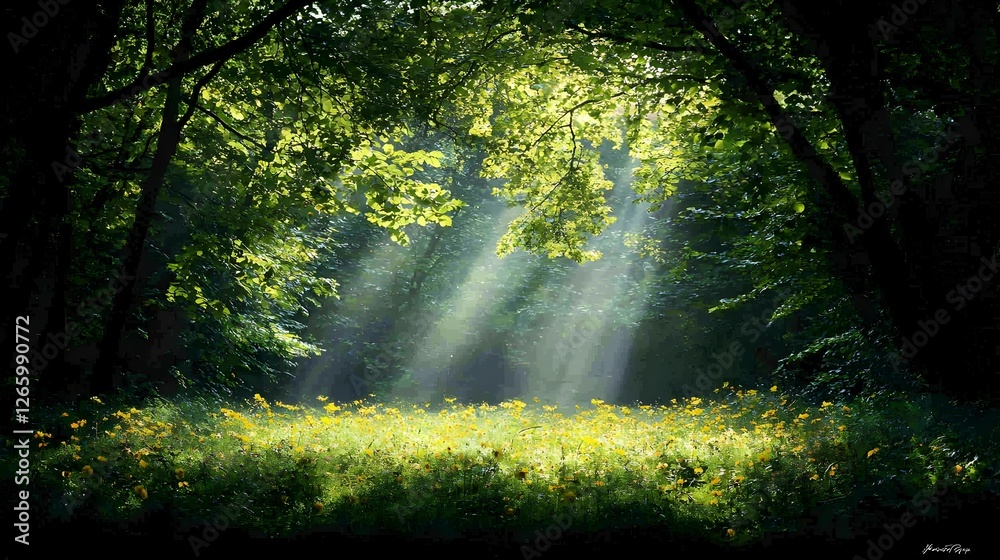 Naklejka premium Sunbeams Illuminating A Forest Meadow