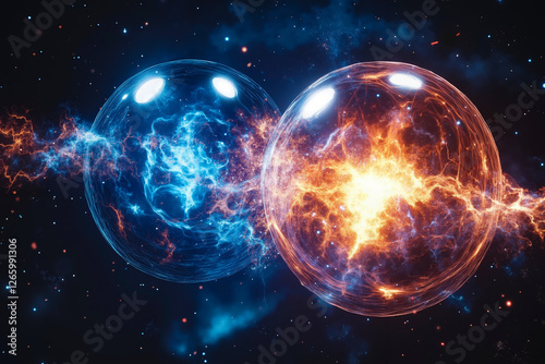 Two spheres in space with stars and nebula photo