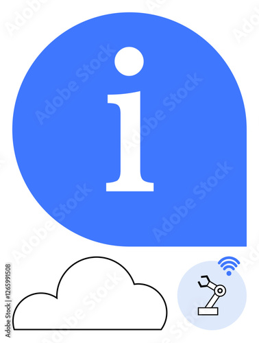Large information symbol inside blue chat bubble, cloud icon, robotic arm with wireless symbol. Ideal for tech support, cloud services, industrial automation, information management, IoT solutions