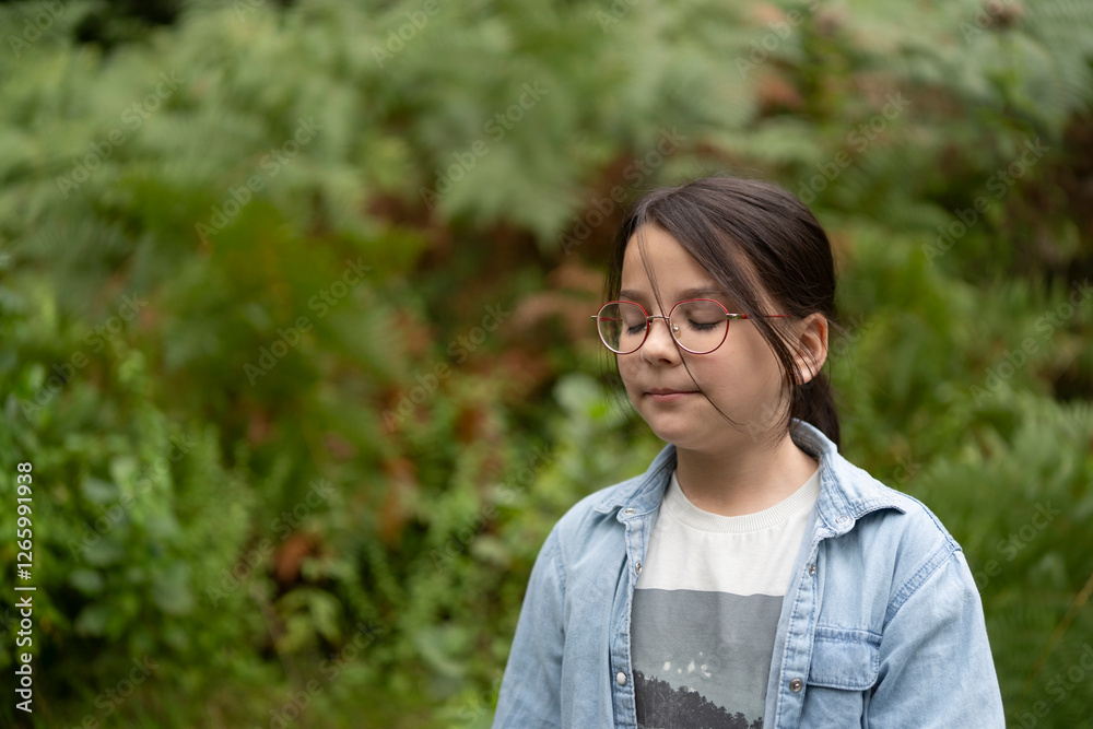 Little cute cheerful girl in glasses and a T-shirt on a path in the middle of a summer forest. Concept of children's active travel in nature Little cute cheerful girl in glasses and a T-shirt on a path in the middle of a summer forest. Concept of children's active travel in nature