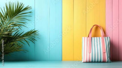 A lively and bright arrangement featuring a striped bag next to a palm plant on pastel colored wooden panels, capturing the essence of beach vibes and summer fun. photo