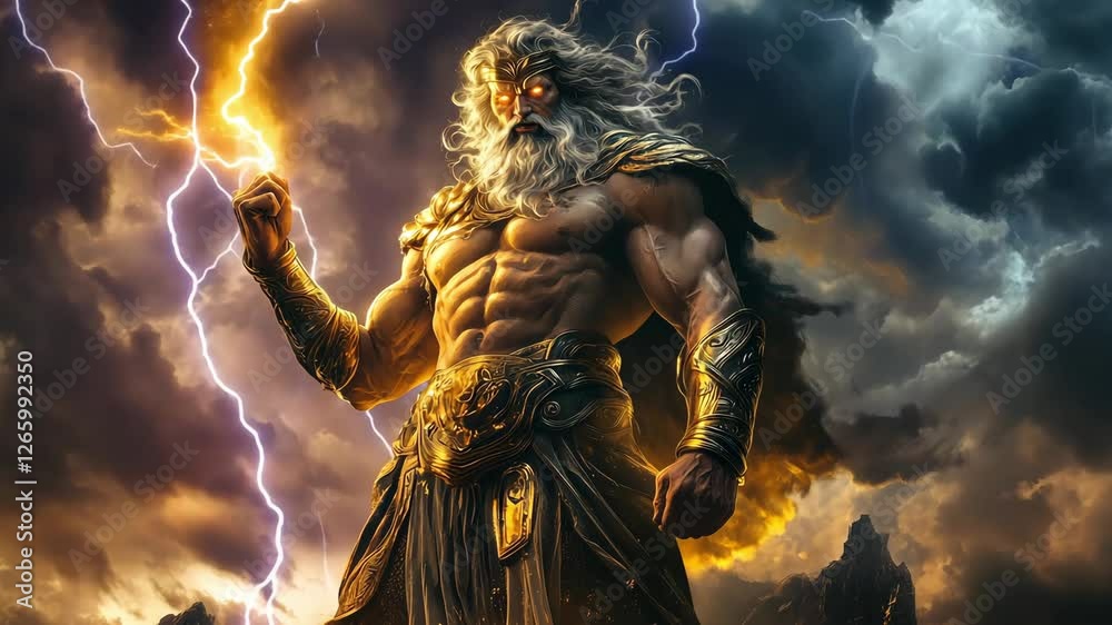 A strong figure of Greek god Zeus holds a bolt of lightning against a backdrop of dark clouds illuminated by a sunset, showcasing raw power and intensity