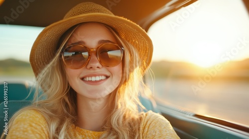 A cheerful young woman wearing sunglasses and a straw hat beams at sunset, capturing the joy of a carefree moment spent during a summer drive in a beautiful setting.
