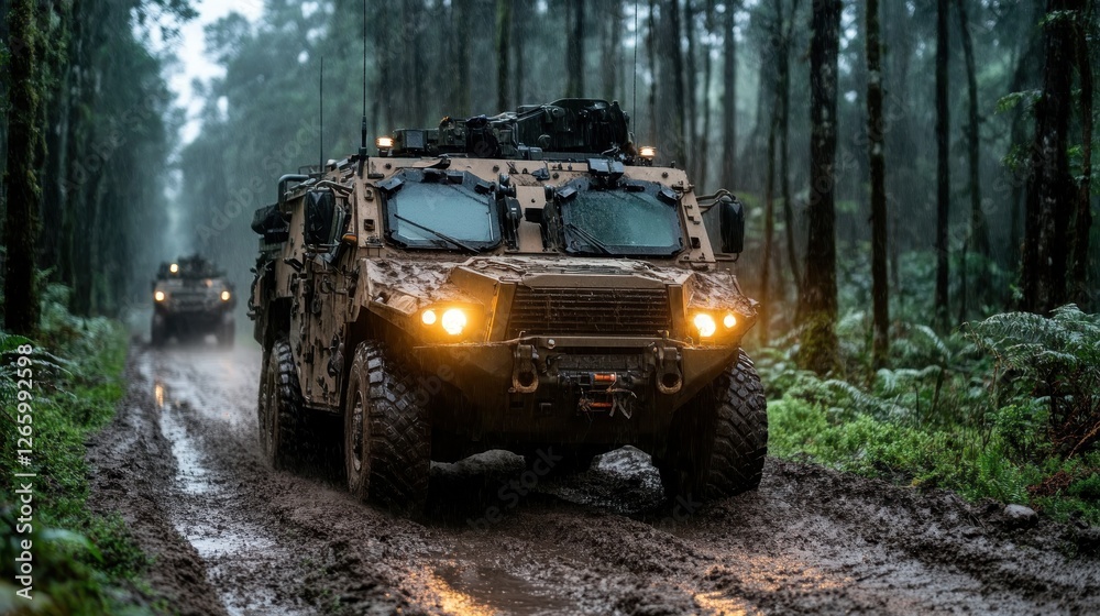Obraz premium This image showcases military vehicles driving through a muddy forest road, demonstrating their adaptability and resilience in rough and wet conditions.