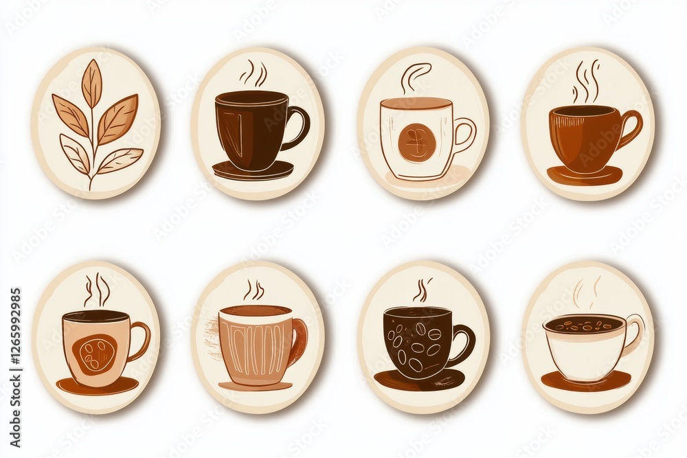 Obraz premium stickers featuring various coffee cups and coffee beans in a warm, inviting style. Generative AI