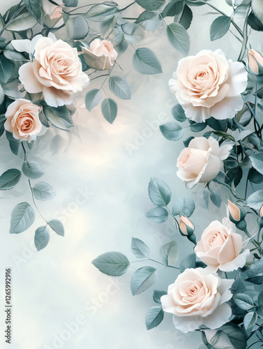 Soft floral frame with peach roses and green leaves