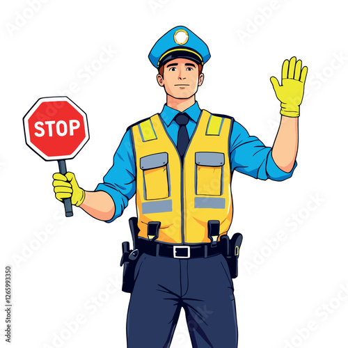 Police officer holding stop sign and raising hand